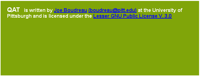 Text Box: QAT  is written by Joe Boudreau (boudreau@pitt.edu) at the University of Pittsburgh and is licensed under the Lesser GNU Public License V. 3.0



